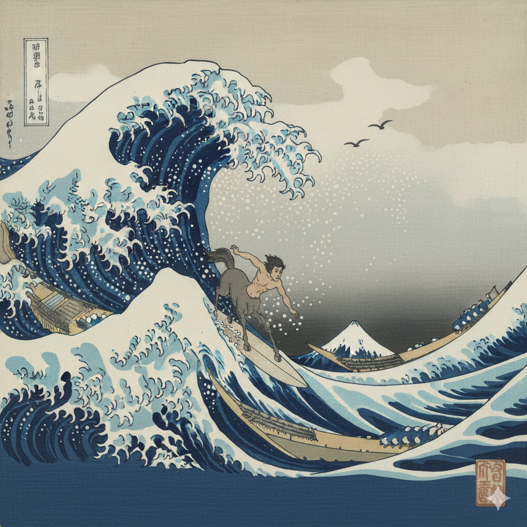 Centaur riding Hokusai's wave, Made by Nano Banana
