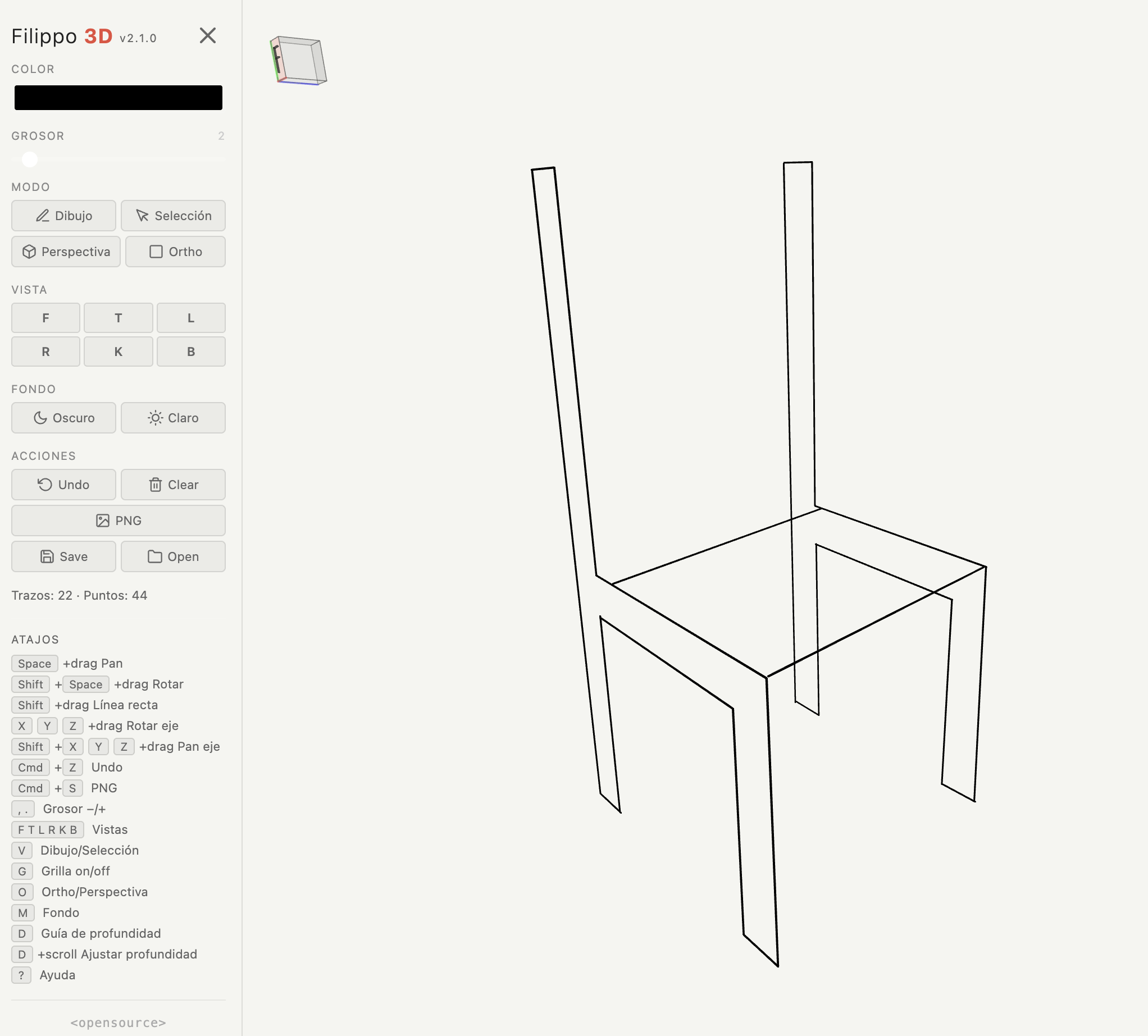 Una silla dibujada a mano (ni tan alzada) en Filippo 3D
