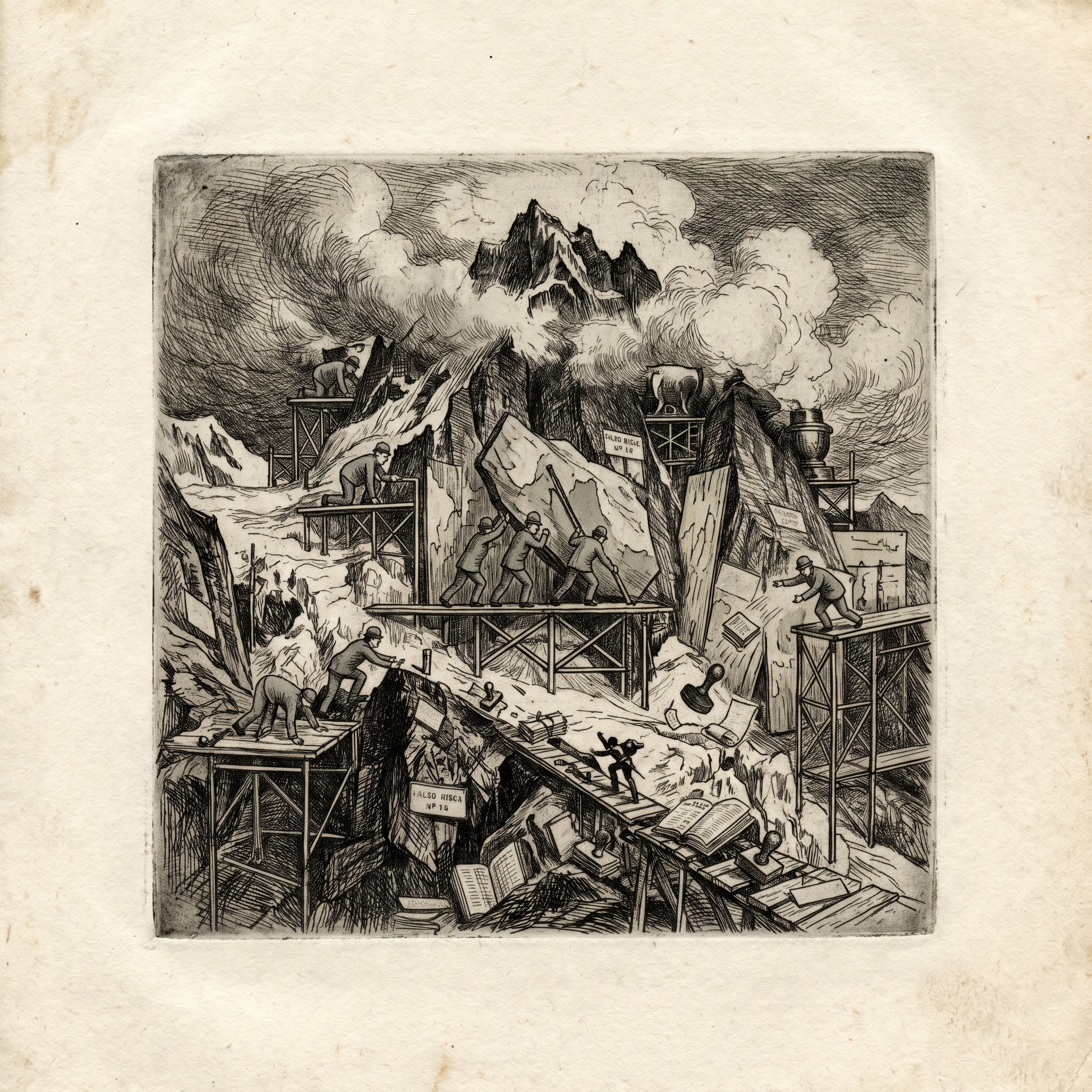 A drawing of a mountain with scaffolding on it